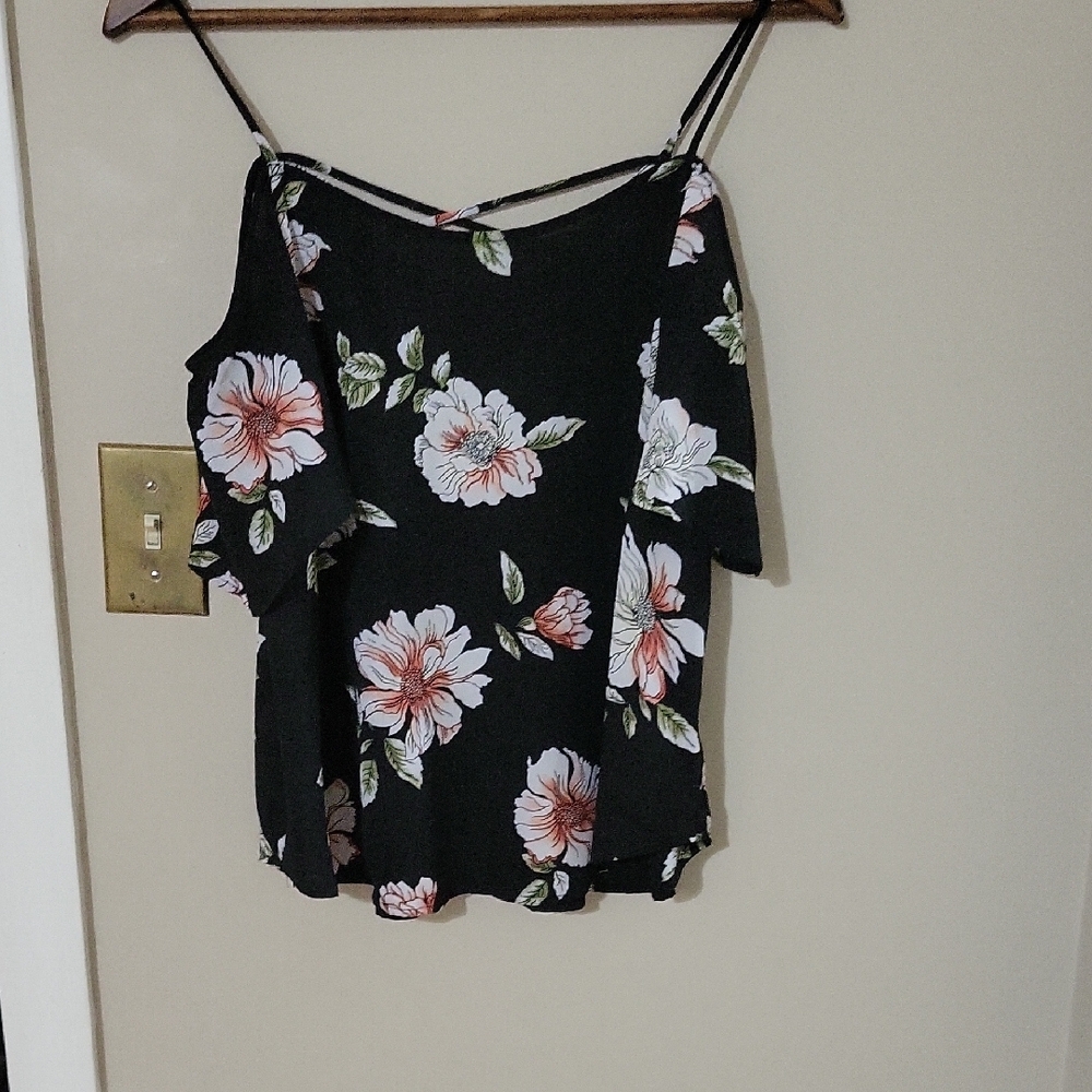 Floral Black Women's Cold Shoulder Top - Picture 2 of 2